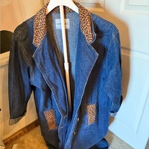 Vintage Denim Trench Jacket with Leopard Trim